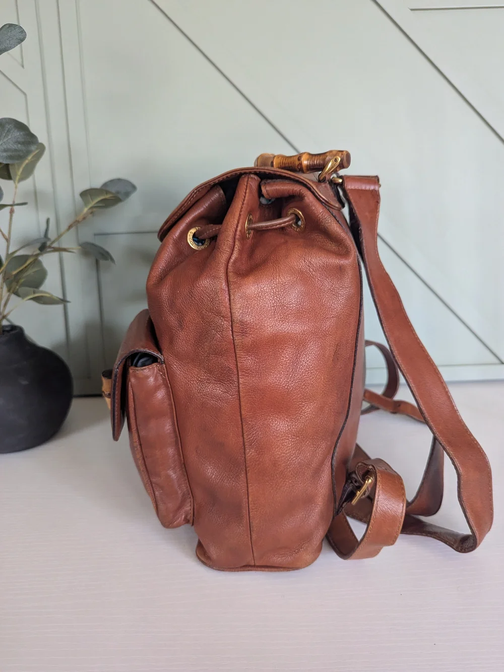 Gucci Cognac Leather Bamboo-Handle Backpack